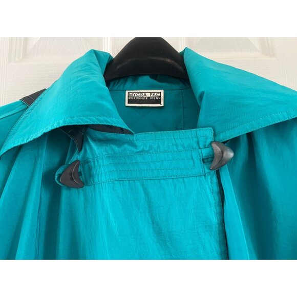 Vtg MYCRA PAC Designer Wear Raincoat Coat Hooded Turquoise & Black Teflon Fabric - Picture 3 of 10